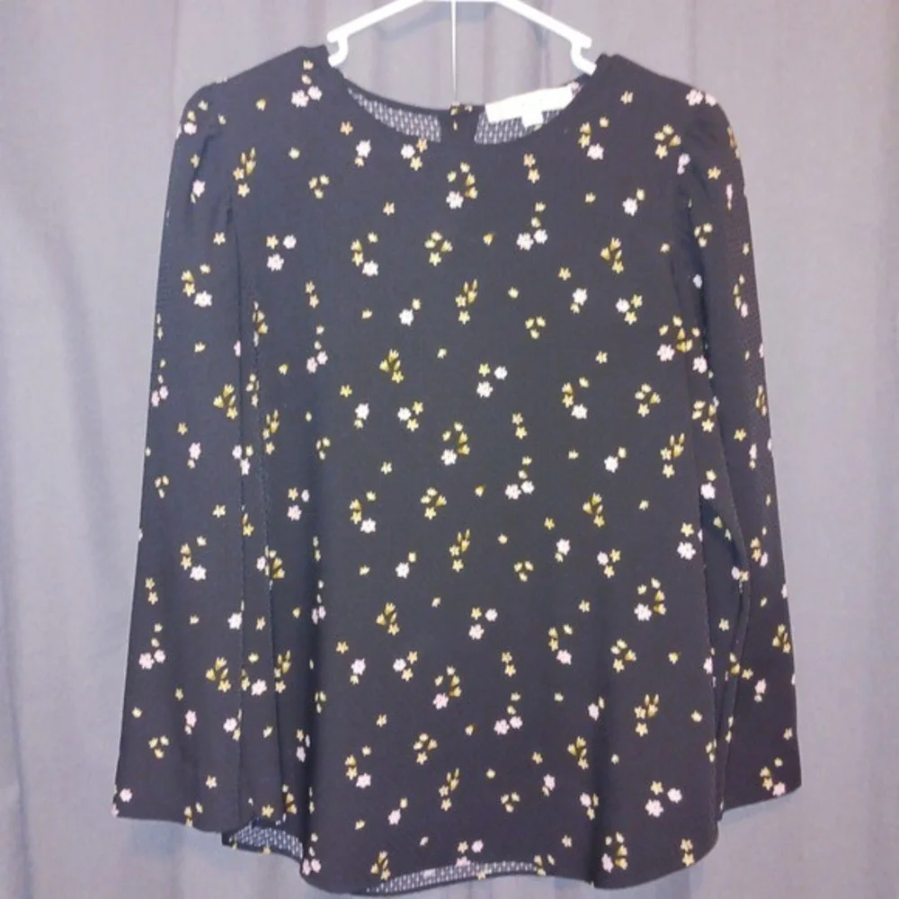 Loft Black Floral Print Smocked Button Back‎ Long Sleeve Blouse Women's S